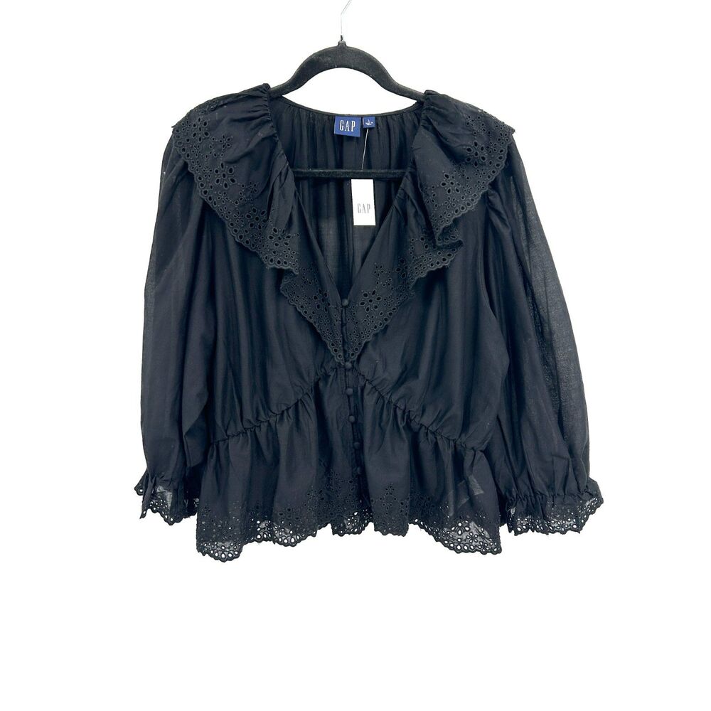 NWT GAP Black Eyelet Lace Ruffle Collar Peasant Blouse Cottage Peplum Size Large